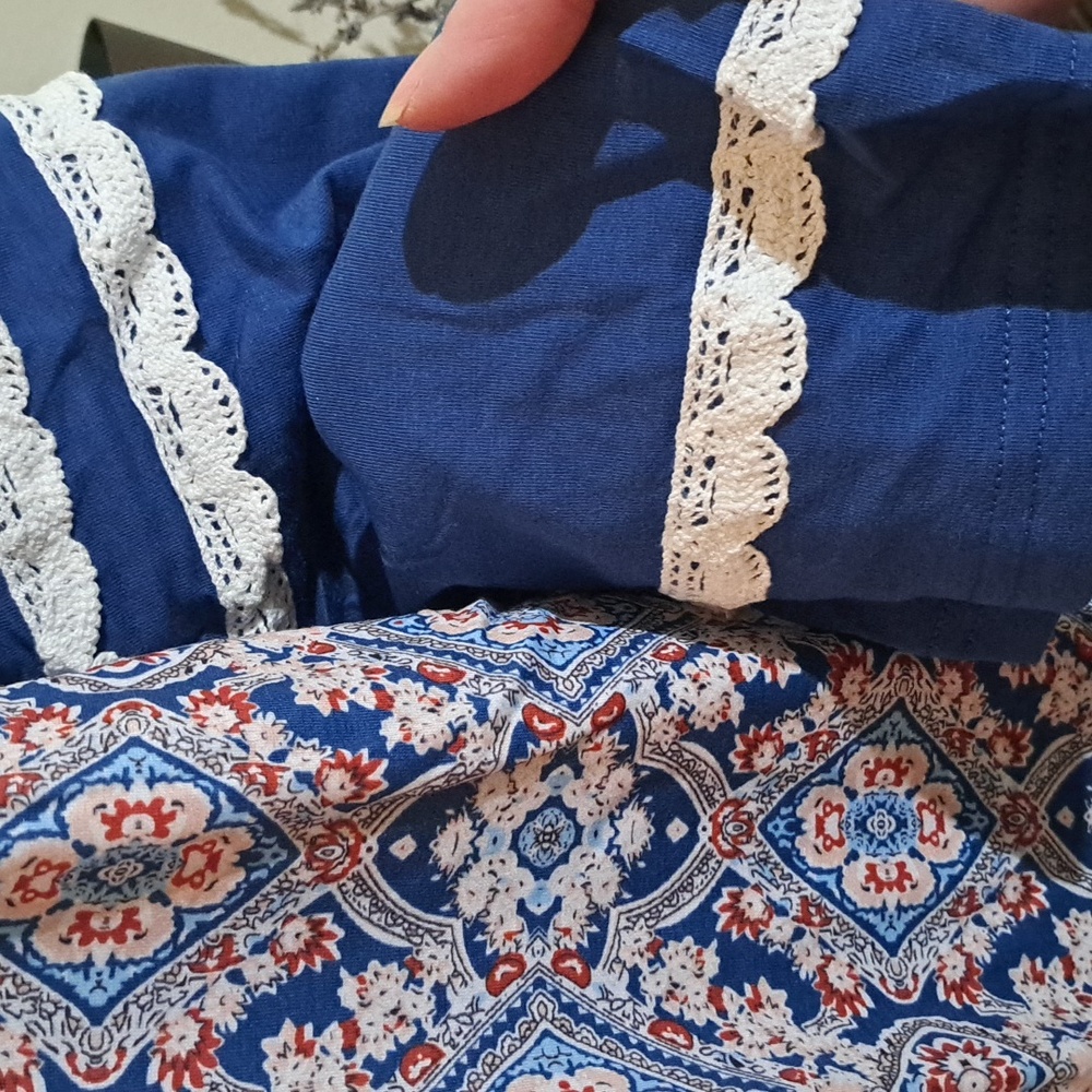 New Blue Patterned Lace Detail Women's Top - Picture 14 of 15